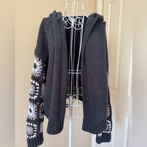 The cutest hippie Navy Sweater with Crochet Sleeves and a hood!